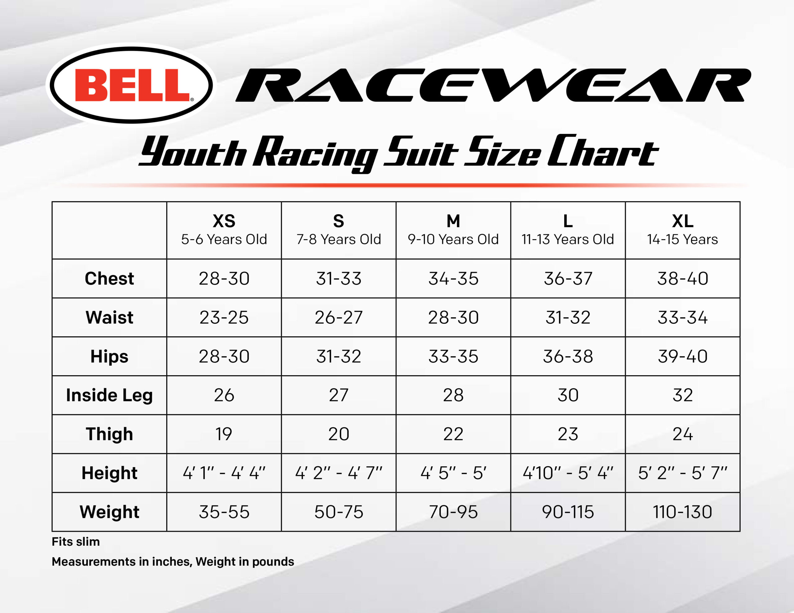 Bell Racewear - Youth Racing Suit Size Chart